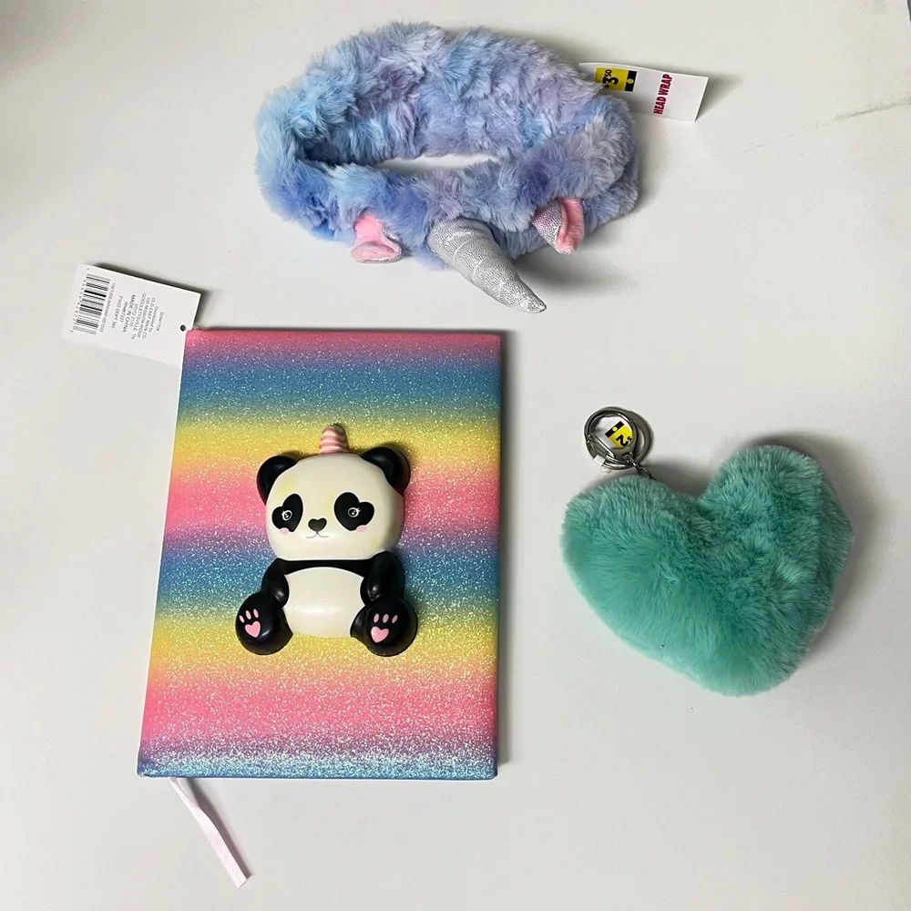 3D Panda bear Journal; 8x6 lined pgs, Unicorn headband, and green heart keychain